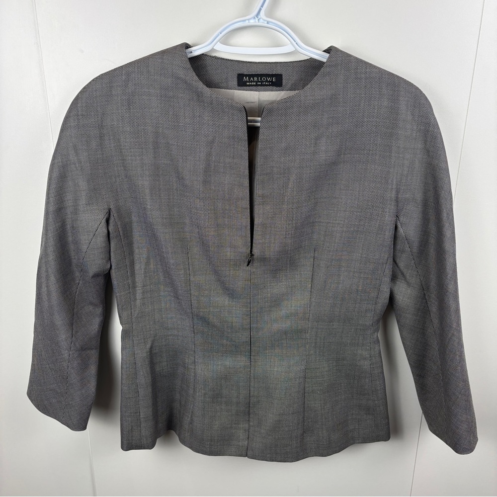 Marlowe Wool Silk Peplum Blazer Grey Black White Italy 8 Zip Front 3/4 Sleeve